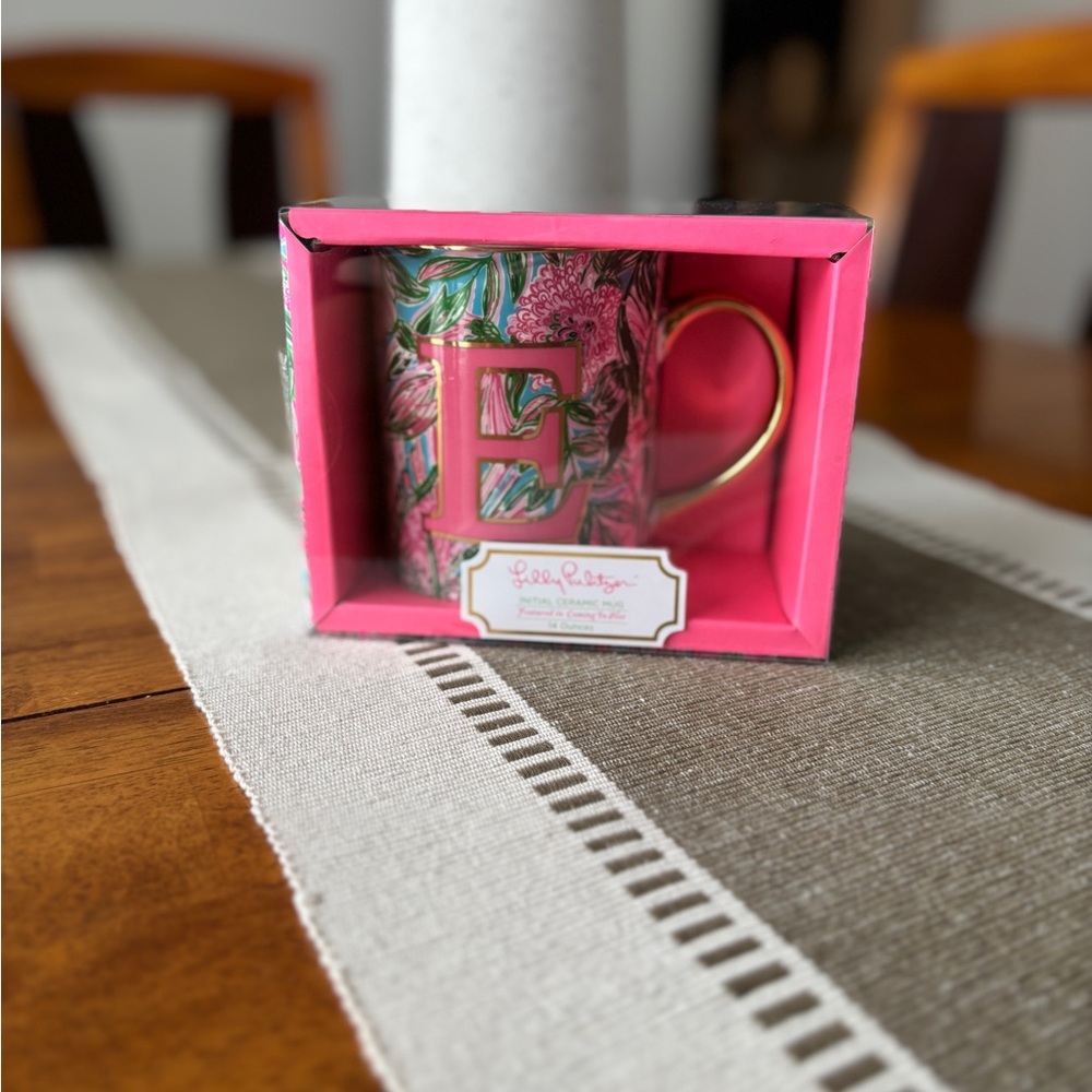 Lilly Pulitzer Pink and Gold Initial “E” Mug NIB